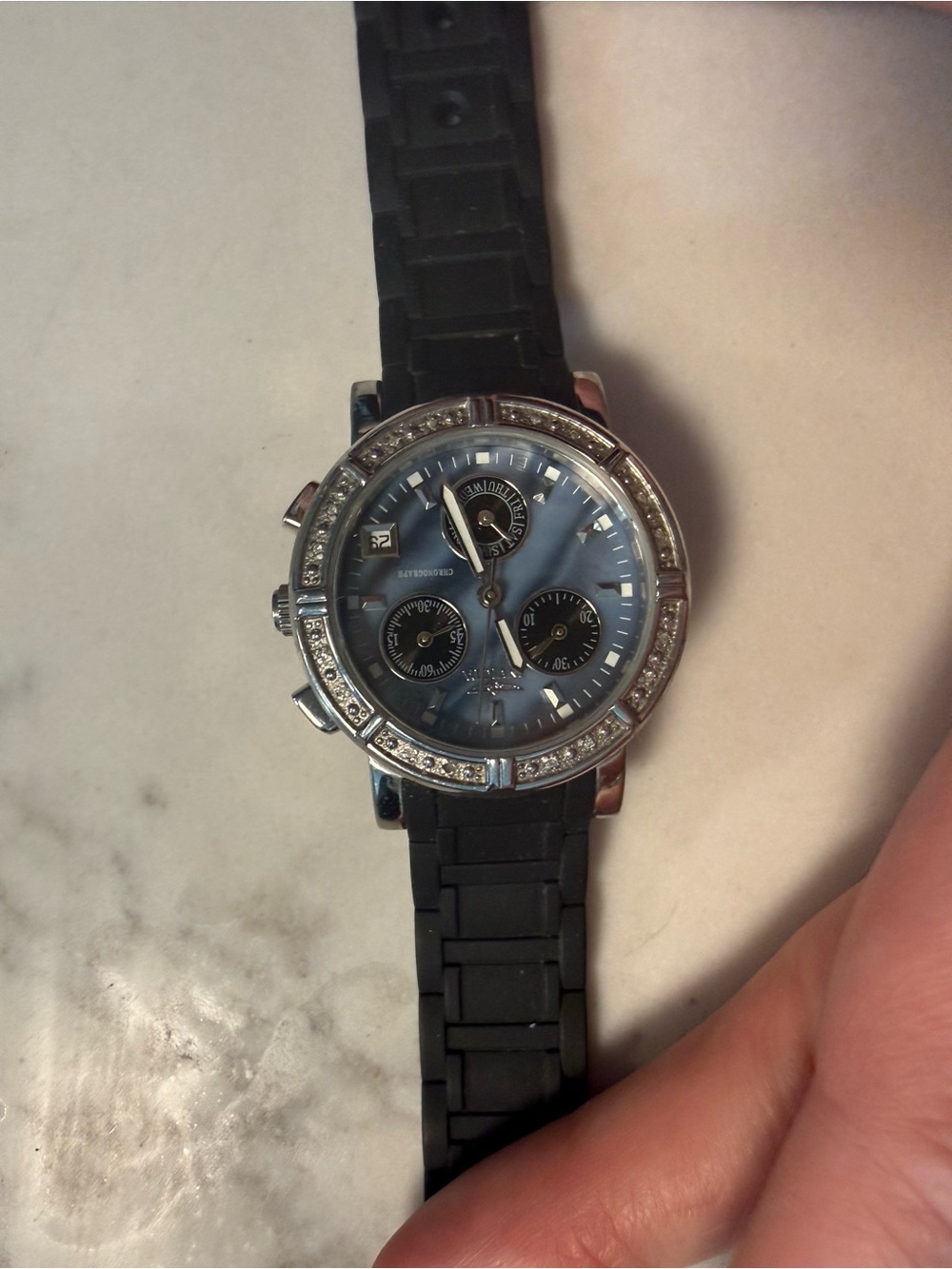Invicta Blue Dial Chronograph Watch with Black Silicone Strap and Crystal Bezel